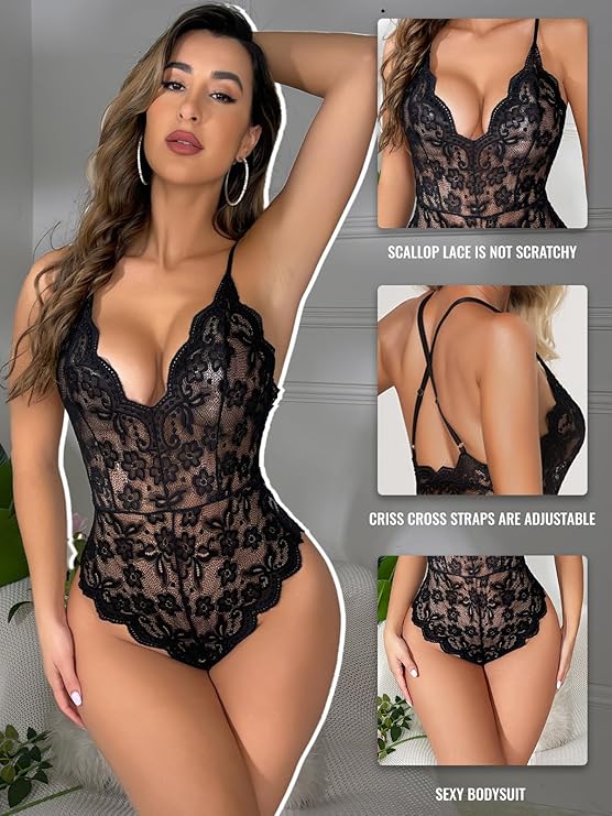 Buitifo Women Lace Bodysuit One Piece Babydoll Backless Mini Teddy V Neck Lingerie