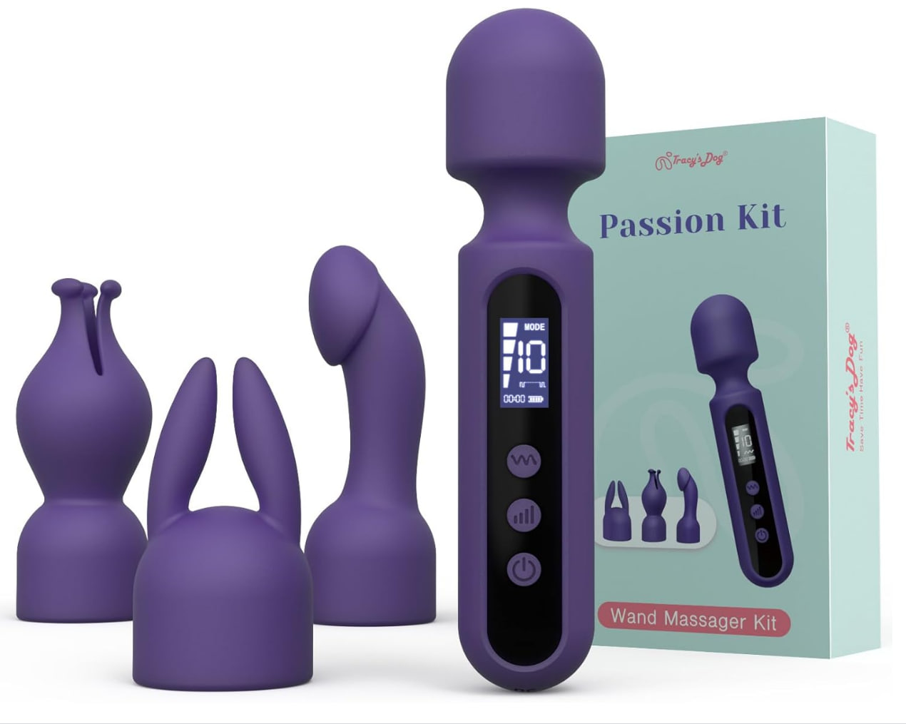 Tracy's Dog Wand Vibrator Kits, Couple Adult Sex Toys with 3 Attachments for Clit, G Spot, Glans, Clitoral Stimulator Vibrating Realistic Dildo with LCD Display, 10 Patterns 4 Speeds Massage Kits