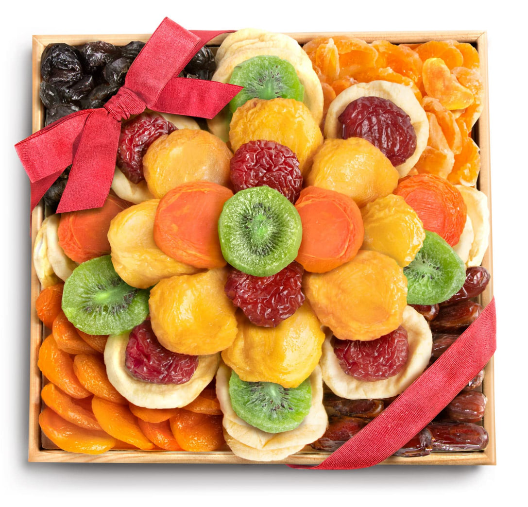 A Gift Inside Sweet Bloom Dried Fruit Deluxe Tray Basket Arrangement for Holiday Birthday Healthy Snack Business Kosher